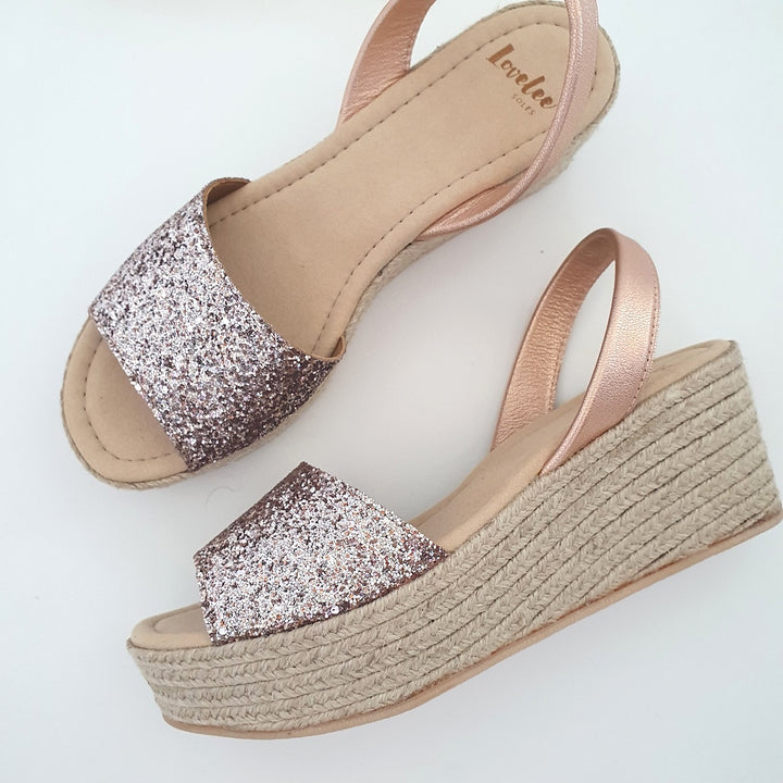 Wedges Champagne Pink Glitter | By Lovelee Soles 