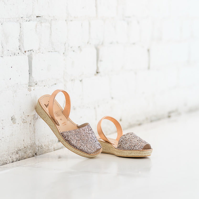 Champagne Glitter Mini Rope Espadrille Wedge | Lovelee Soles 